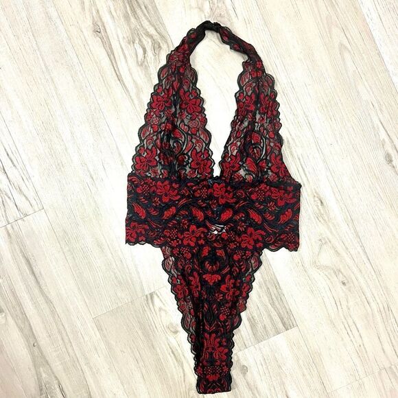 Vintage Y2K Fredericks of Hollywood red black low cut lace teddy sz L stretchy - Picture 9 of 15